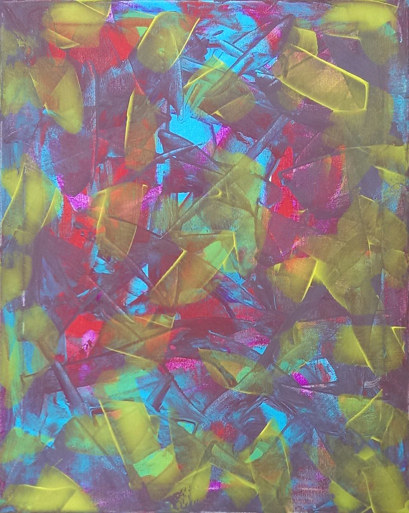 Chaotic abstract painting of petal and leaf forms in red, pink, blue and yellow