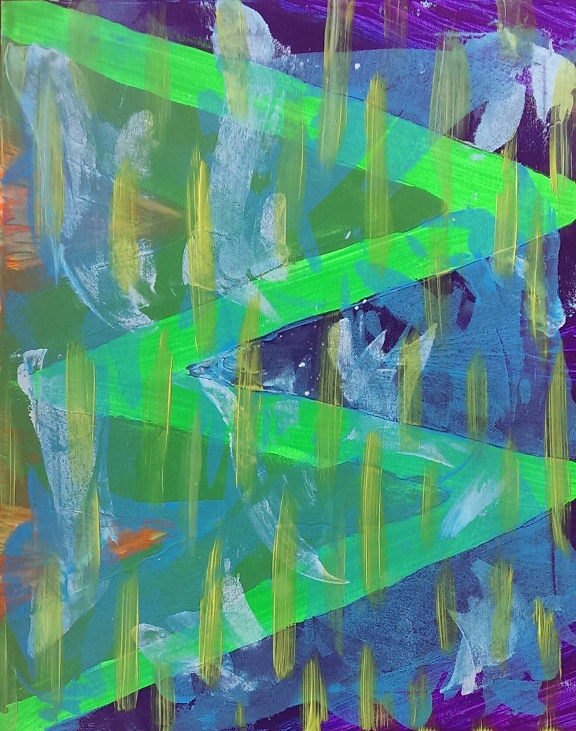 Abstract color-block painting with green, blue, purple and orange rectangles