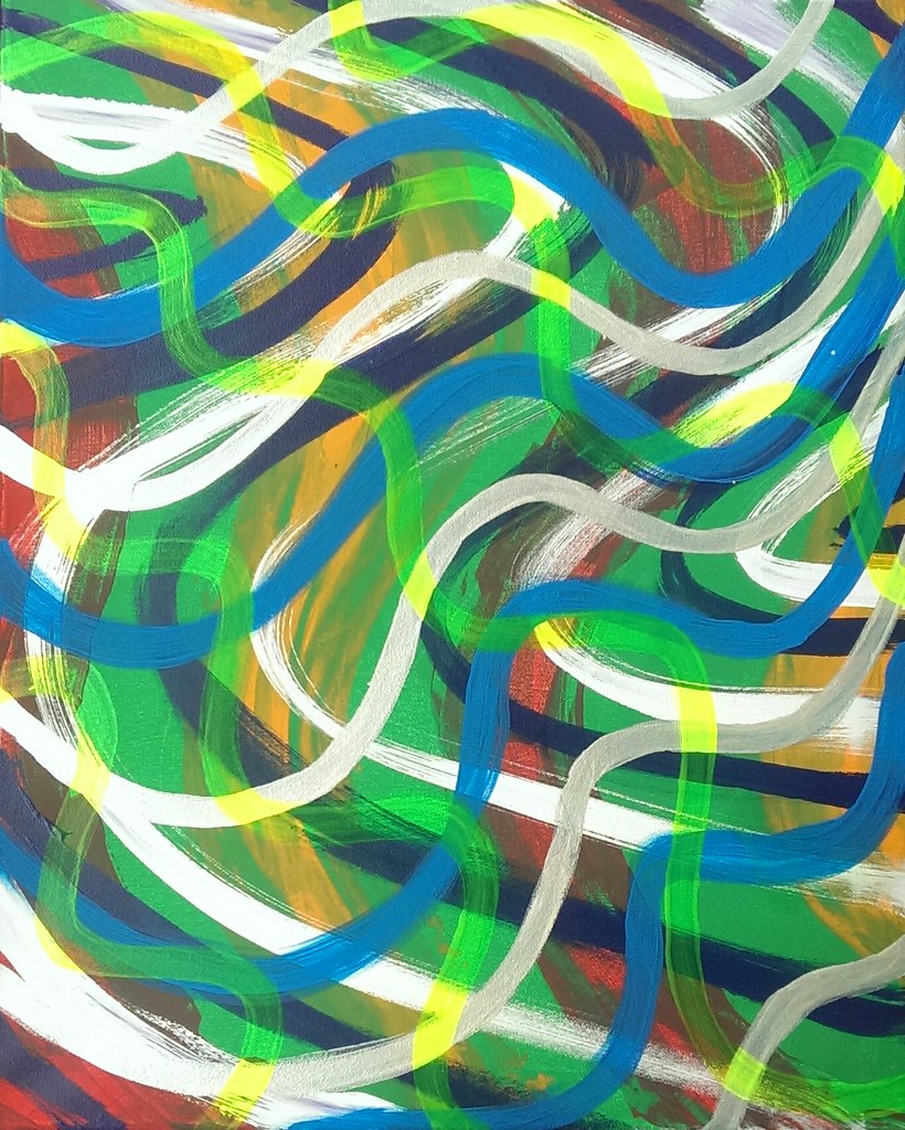 Abstract expressionist painting of swirling curved lines in green, blue and white