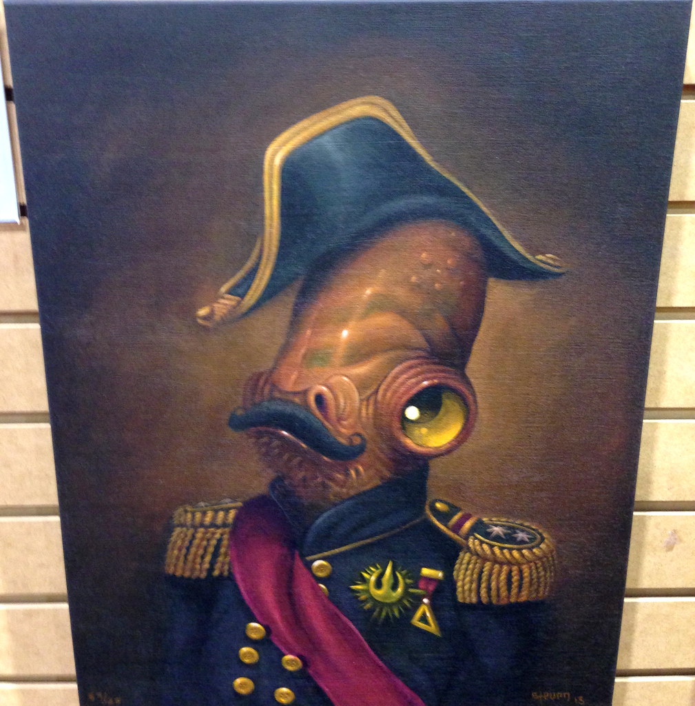 Detail of Mara's oil portrait of a mustachioed man in military uniform, in ochre, red and gold.