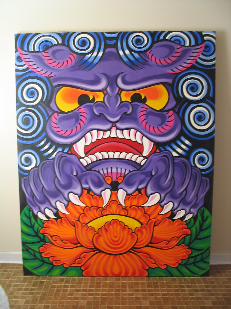 Whimsical painting of a purple furry monster with yellow eyes sitting among flowers.