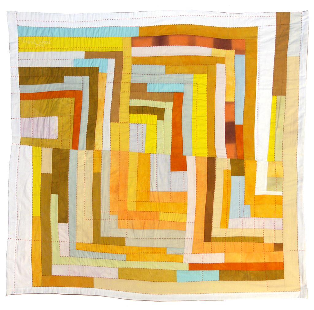 Patchwork-quilt-style grid of hand-painted squares in orange, yellow and cream.
